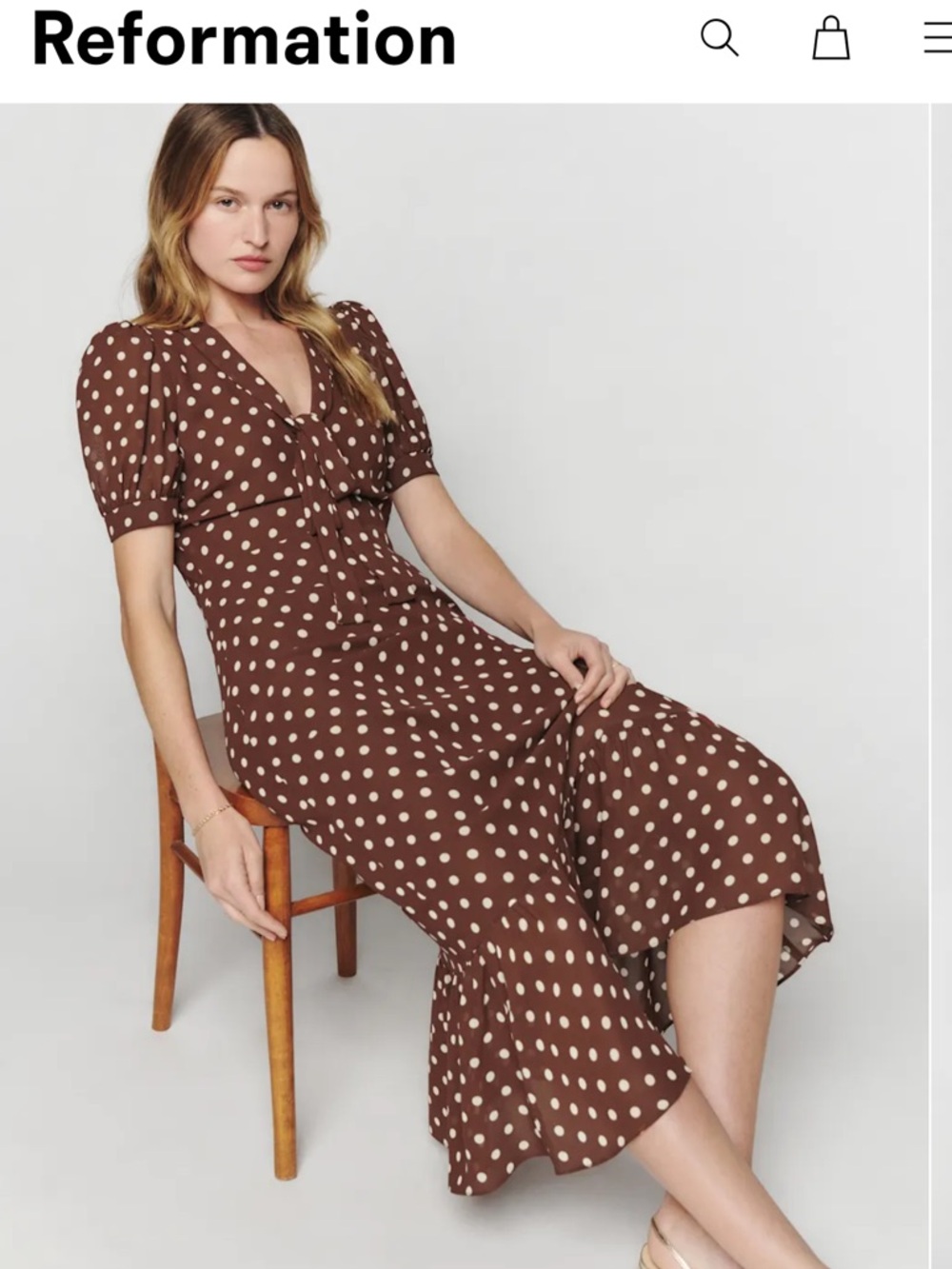 Reformation Reeds Brown Polka Dot Midi Dress